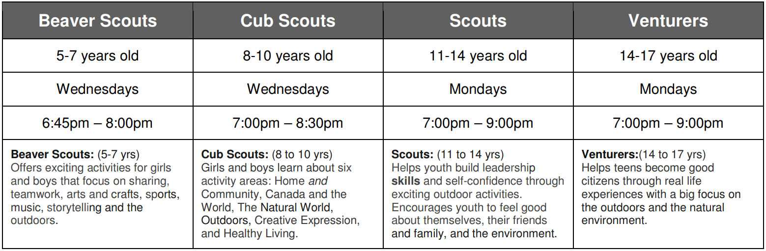 Table of Scouting sections